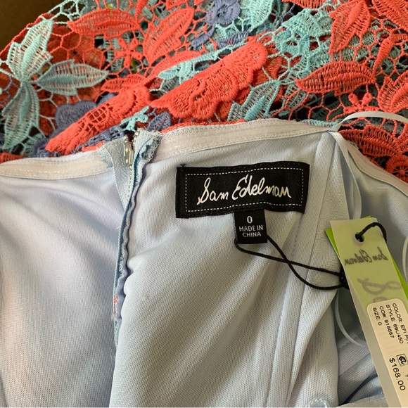 Sam Edelman Lace Dress Size 0 Pink Blue Lined Off On Shoulder Midi Pencil - Picture 8 of 9